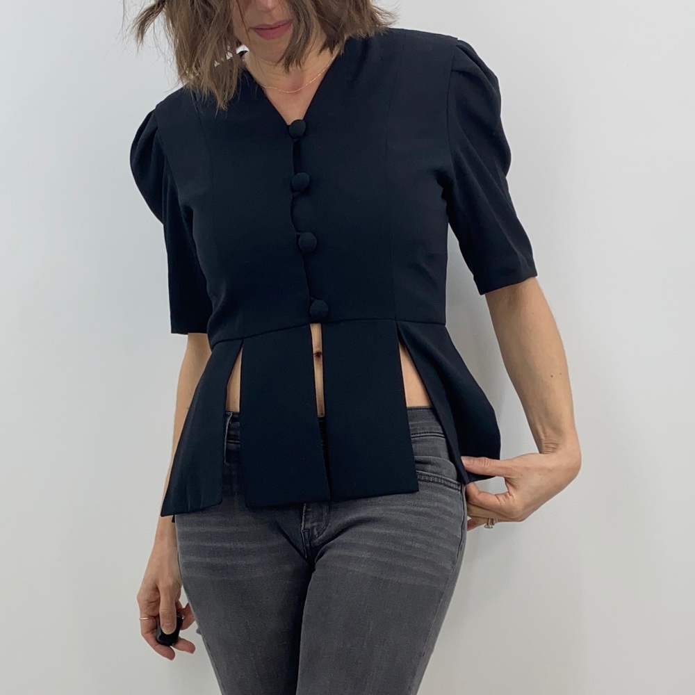Rare Vintage sexy Black 3/4 Sleeve Button Up Peplum Blouse/jacket